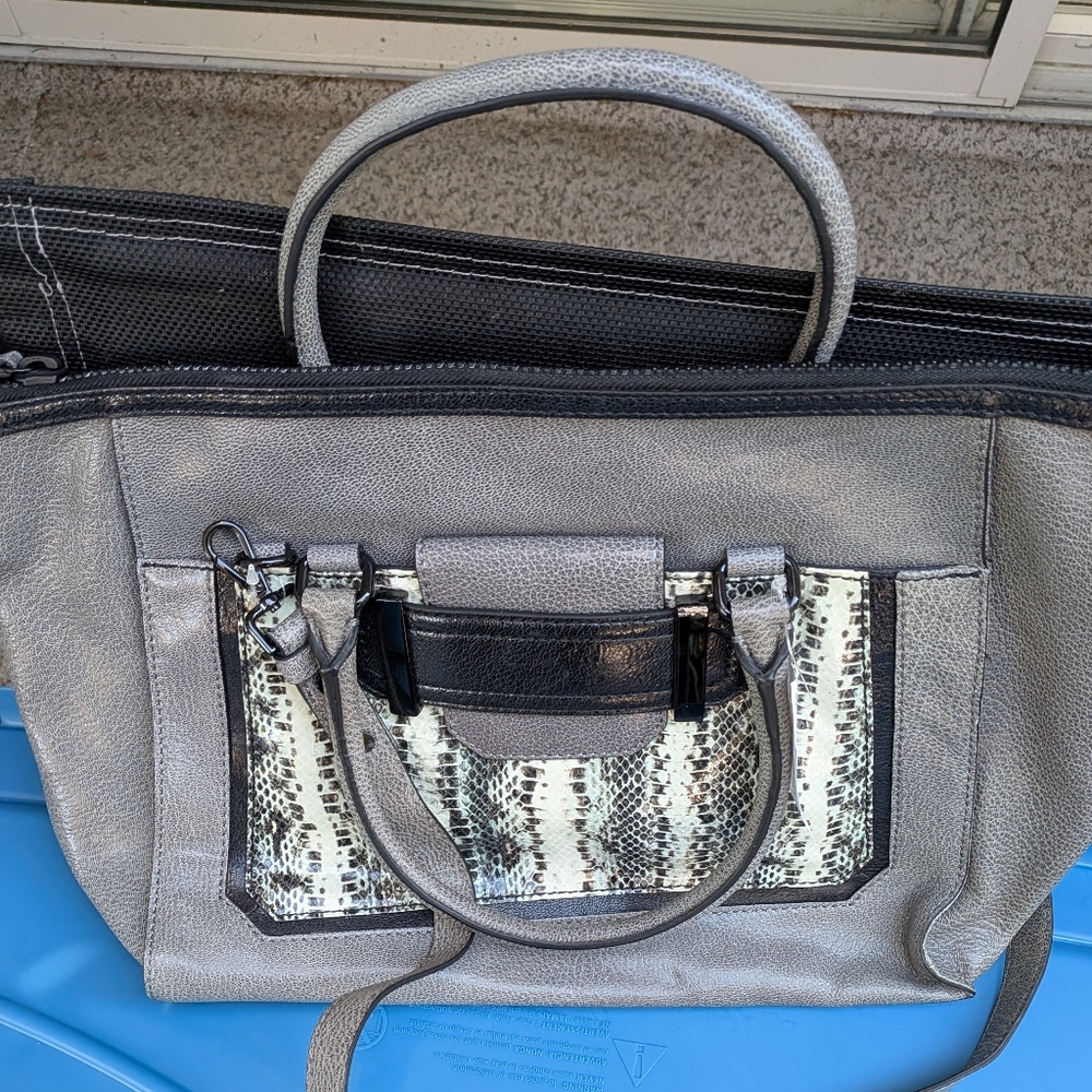 Gray With Snake Print & Black Accents Women's Leather Bag